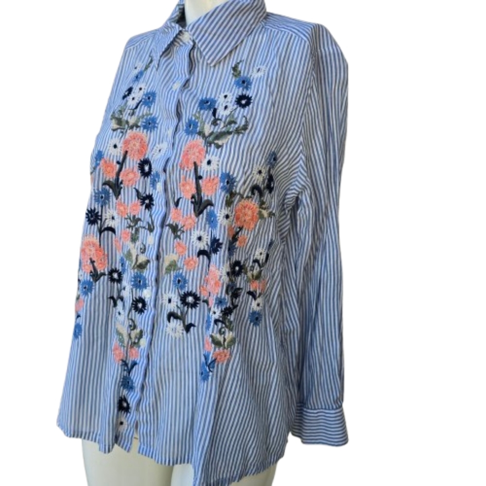 Style & Co. Striped Floral Embroidered Button-Up Shirt Sz M - Picture 6 of 8